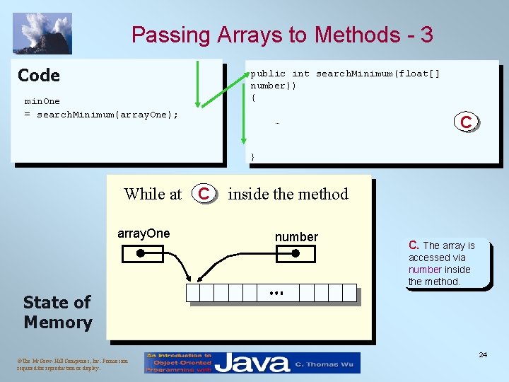 Passing Arrays to Methods - 3 Code min. One = search. Minimum(array. One); public