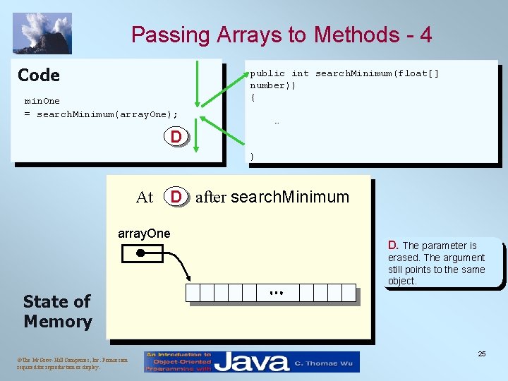 Passing Arrays to Methods - 4 Code min. One = search. Minimum(array. One); public