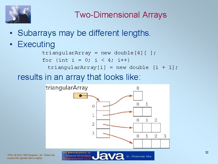 Two-Dimensional Arrays • Subarrays may be different lengths. • Executing triangular. Array = new