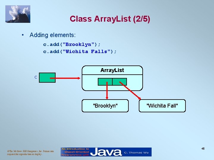 Class Array. List (2/5) • Adding elements: c. add("Brooklyn"); c. add("Wichita Falls"); Array. List