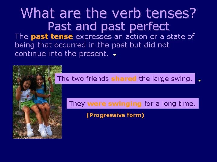 What are the verb tenses? Past and past perfect The past tense expresses an