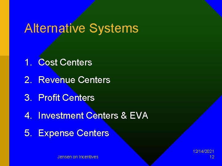 Alternative Systems 1. Cost Centers 2. Revenue Centers 3. Profit Centers 4. Investment Centers