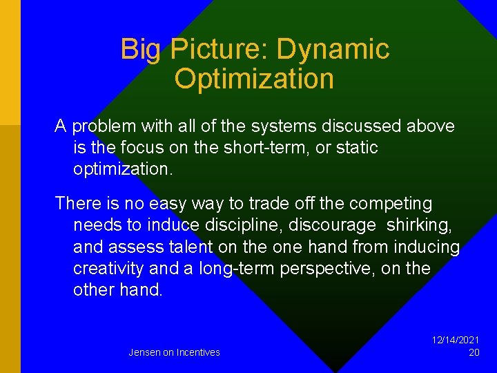 Big Picture: Dynamic Optimization A problem with all of the systems discussed above is