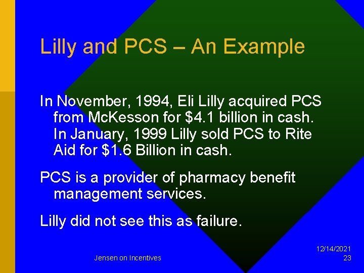 Lilly and PCS – An Example In November, 1994, Eli Lilly acquired PCS from