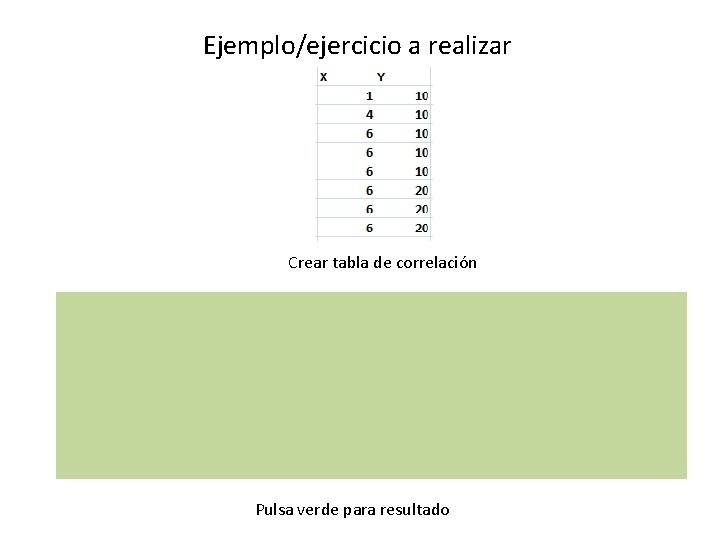 Ejemplo/ejercicio a realizar Crear tabla de correlación Pulsa verde para resultado 