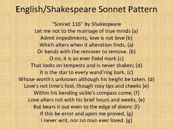 English/Shakespeare Sonnet Pattern “Sonnet 116” by Shakespeare Let me not to the marriage of