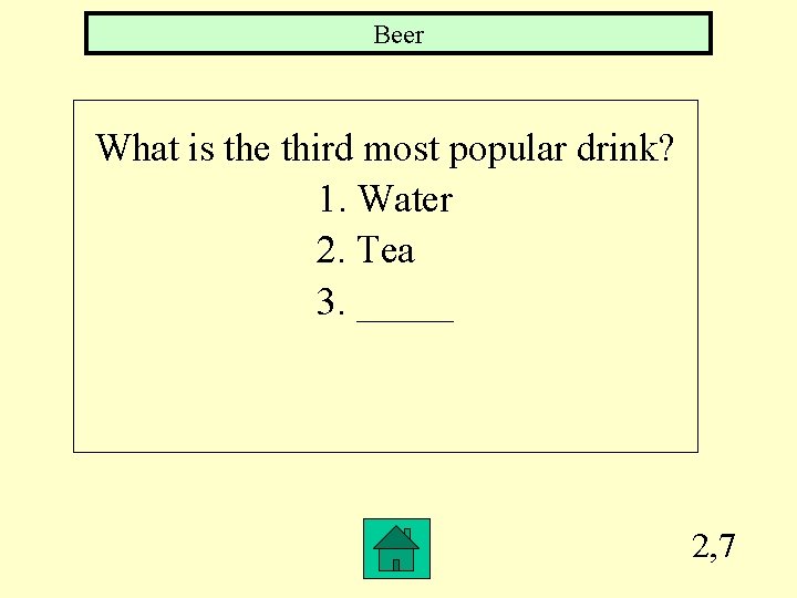 Beer What is the third most popular drink? 1. Water 2. Tea 3. _____