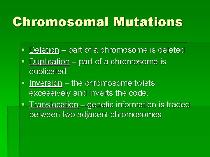 Chromosomal Mutations § Deletion – part of a chromosome is deleted § Duplication –