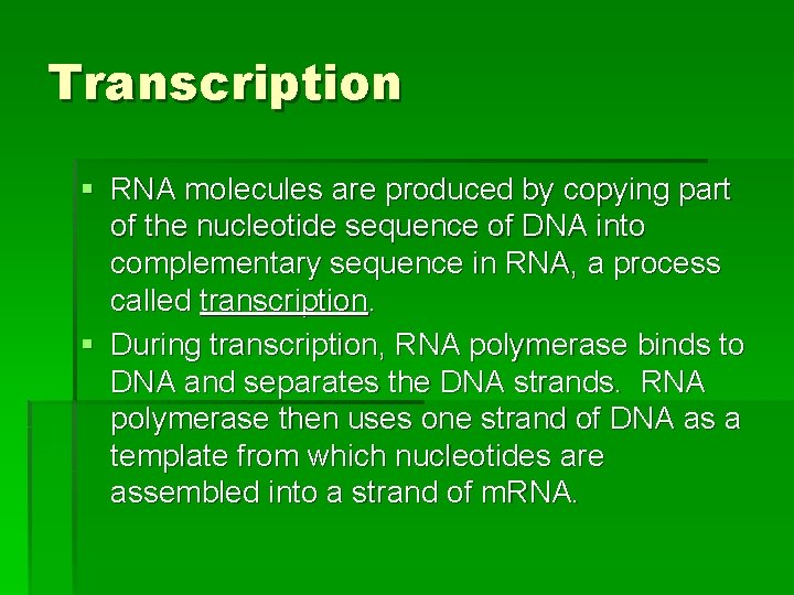 Transcription § RNA molecules are produced by copying part of the nucleotide sequence of