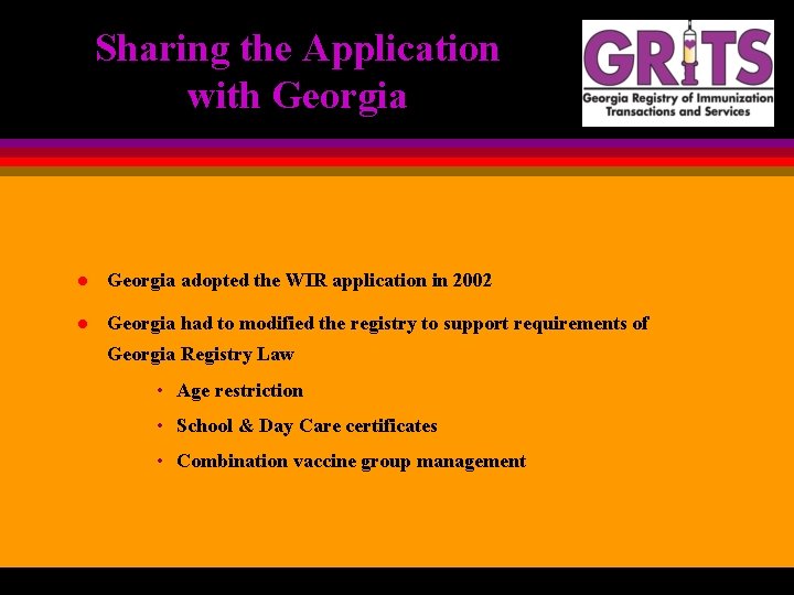 Sharing the Application with Georgia l Georgia adopted the WIR application in 2002 l
