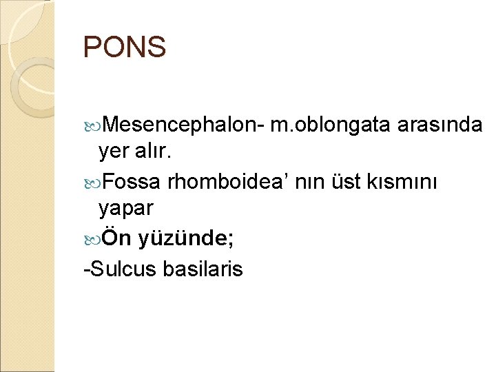 PONS Mesencephalon- m. oblongata arasında yer alır. Fossa rhomboidea’ nın üst kısmını yapar Ön