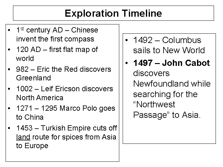 Exploration Timeline • 1 st century AD – Chinese invent the first compass •