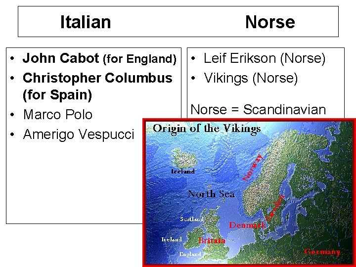 Italian Norse • John Cabot (for England) • Leif Erikson (Norse) • Christopher Columbus