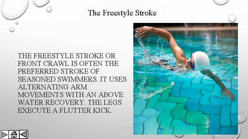 The Freestyle Stroke THE FREESTYLE STROKE OR FRONT CRAWL IS OFTEN THE PREFERRED STROKE