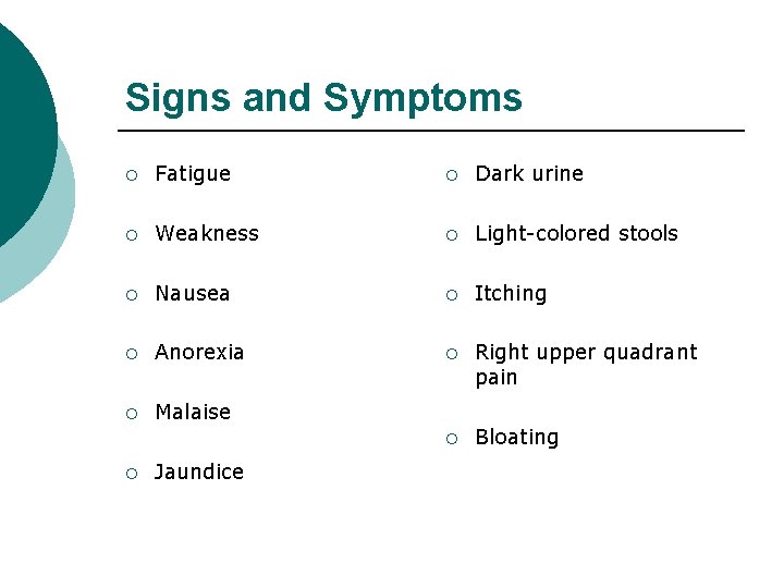 Signs and Symptoms ¡ Fatigue ¡ Dark urine ¡ Weakness ¡ Light-colored stools ¡