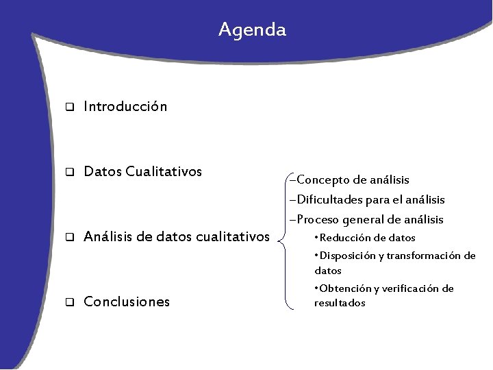 Agenda q Introducción q Datos Cualitativos q Análisis de datos cualitativos q Conclusiones –Concepto
