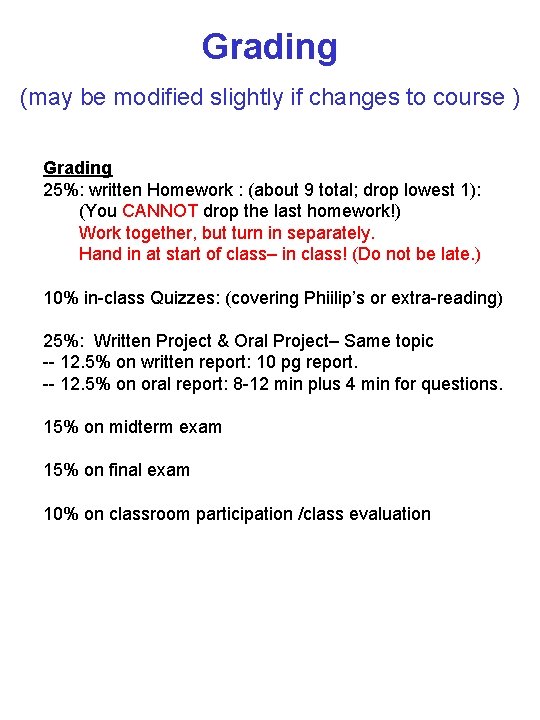 Grading (may be modified slightly if changes to course ) Grading 25%: written Homework