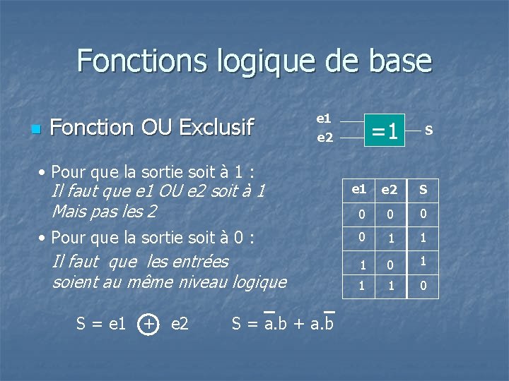 Fonctions logique de base n Fonction OU Exclusif e 1 • Pour que la