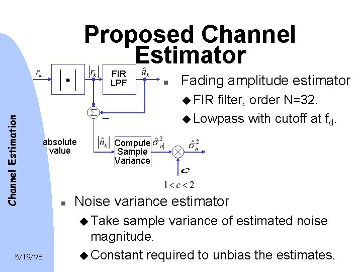 Proposed Channel Estimator FIR LPF n Fading amplitude estimator Channel Estimation u FIR filter, Proposed Channel Estimator FIR LPF n Fading amplitude estimator Channel Estimation u FIR filter,