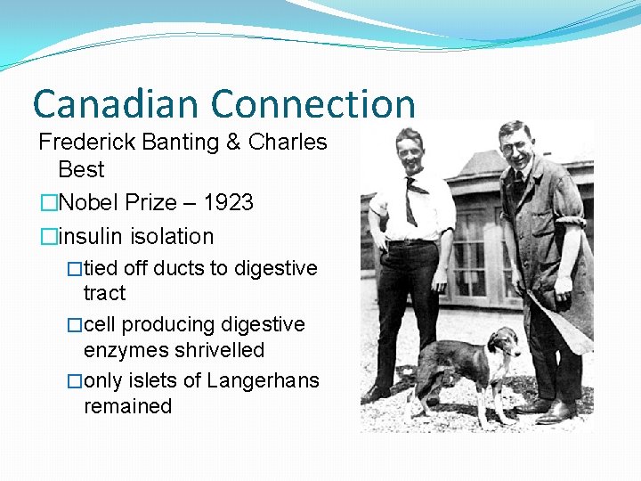 Canadian Connection Frederick Banting & Charles Best �Nobel Prize – 1923 �insulin isolation �tied