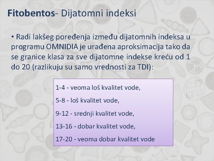 Fitobentos- Dijatomni indeksi • Radi lakšeg poređenja između dijatomnih indeksa u programu OMNIDIA je