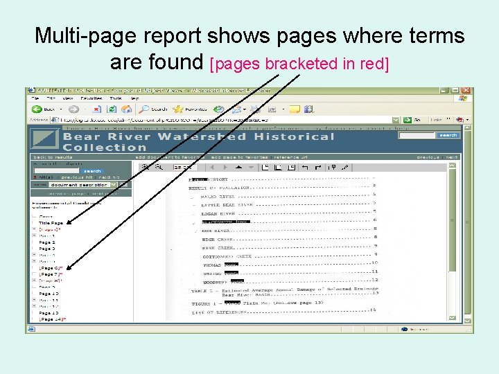 Multi-page report shows pages where terms are found [pages bracketed in red] 