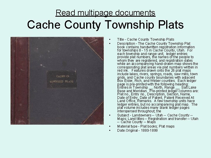 Read multipage documents Cache County Township Plats • • • Title - Cache County