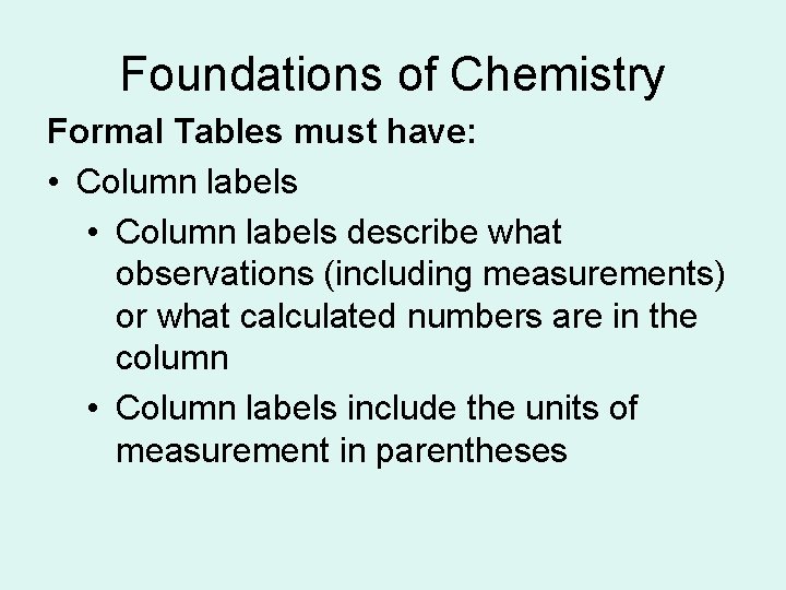 Foundations of Chemistry Formal Tables must have: • Column labels describe what observations (including