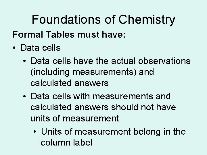 Foundations of Chemistry Formal Tables must have: • Data cells have the actual observations
