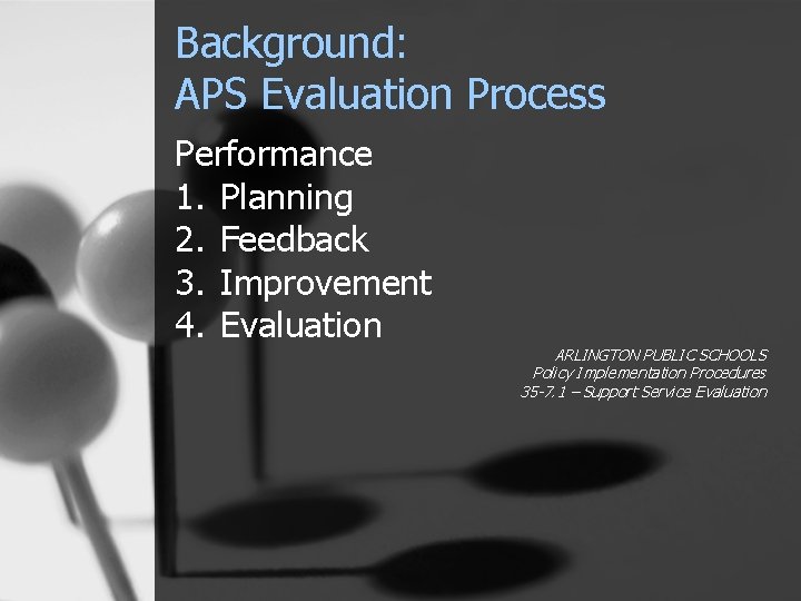 Background: APS Evaluation Process Performance 1. Planning 2. Feedback 3. Improvement 4. Evaluation ARLINGTON