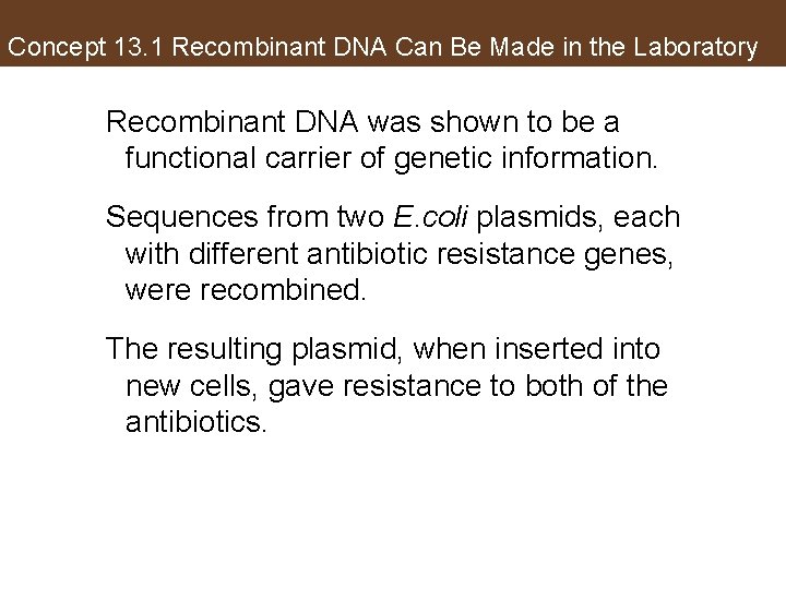 Concept 13. 1 Recombinant DNA Can Be Made in the Laboratory Recombinant DNA was