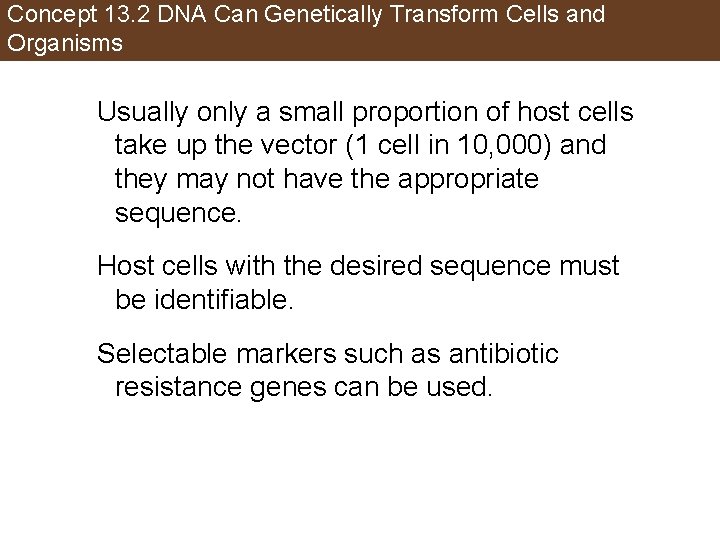 Concept 13. 2 DNA Can Genetically Transform Cells and Organisms Usually only a small