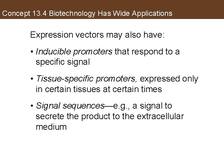 Concept 13. 4 Biotechnology Has Wide Applications Expression vectors may also have: • Inducible