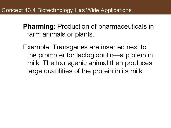 Concept 13. 4 Biotechnology Has Wide Applications Pharming: Production of pharmaceuticals in farm animals