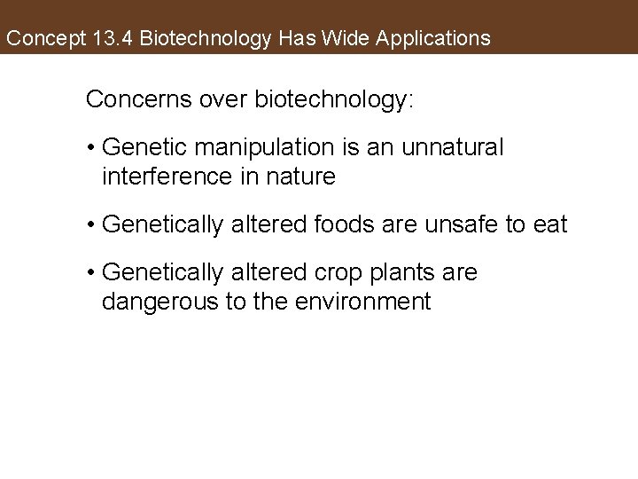 Concept 13. 4 Biotechnology Has Wide Applications Concerns over biotechnology: • Genetic manipulation is