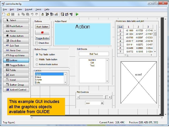 This example GUI includes all the graphics objects available from GUIDE MATLAB for Engineers This example GUI includes all the graphics objects available from GUIDE MATLAB for Engineers