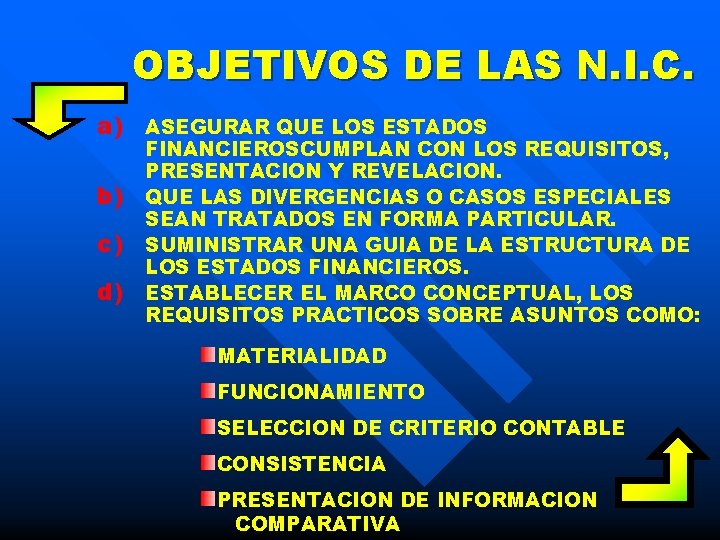 OBJETIVOS DE LAS N. I. C. a) ASEGURAR QUE LOS ESTADOS b) c) d)