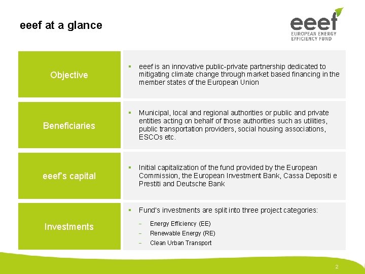 eeef at a glance Objective § eeef is an innovative public-private partnership dedicated to