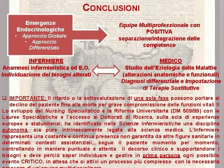 CONCLUSIONI Emergenze Endocrinologiche • Approccio Globale • Approccio Differenziato INFERMIERE Anamnesi infermieristica ed E.