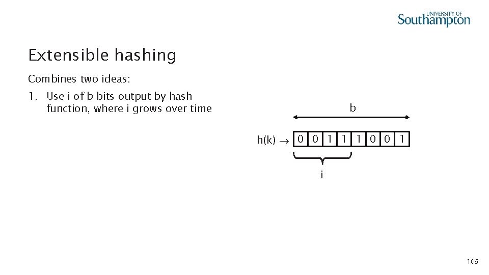 Extensible hashing Combines two ideas: 1. Use i of b bits output by hash