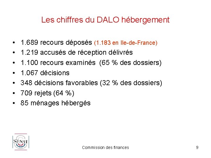 Les chiffres du DALO hébergement • • 1. 689 recours déposés (1. 183 en