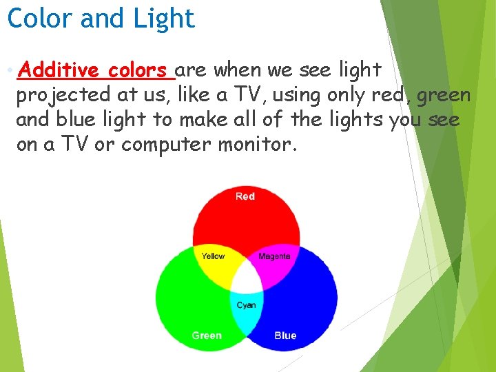 Color and Light • Additive colors are when we see light projected at us,