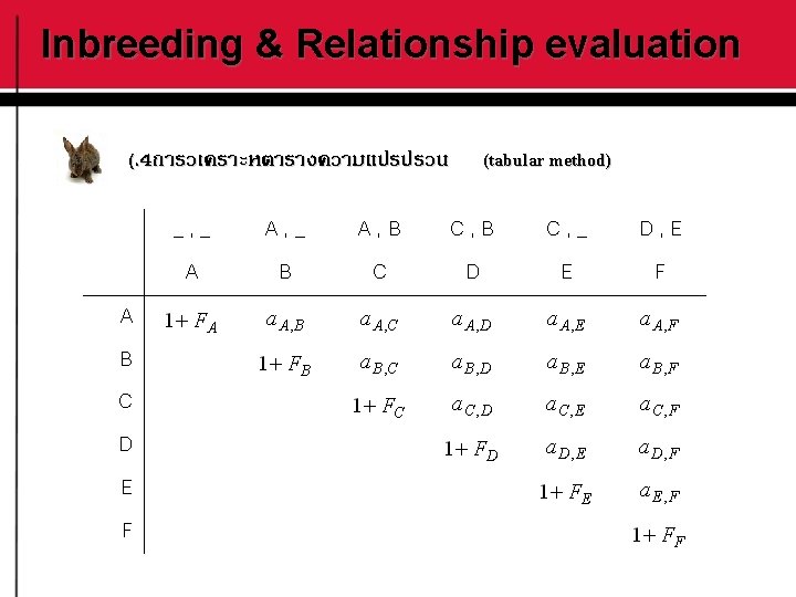 Inbreeding & Relationship evaluation (. 4การวเคราะหตารางความแปรปรวน (tabular method) 