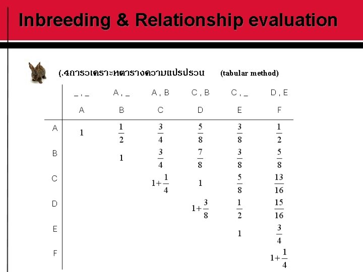 Inbreeding & Relationship evaluation (. 4การวเคราะหตารางความแปรปรวน (tabular method) 