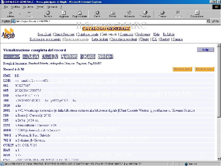 Il formato MARC • MARC (MAchine Readable Catalogue) http: //www. loc. gov/marc/ • Anni