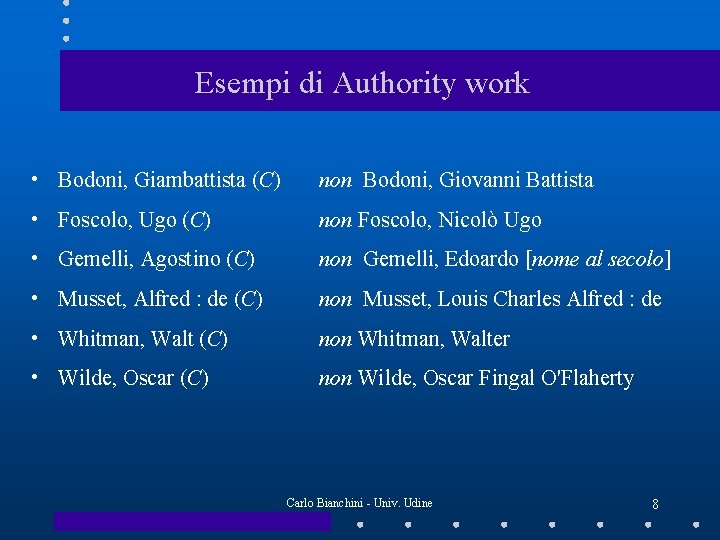 Esempi di Authority work • Bodoni, Giambattista (C) non Bodoni, Giovanni Battista • Foscolo,