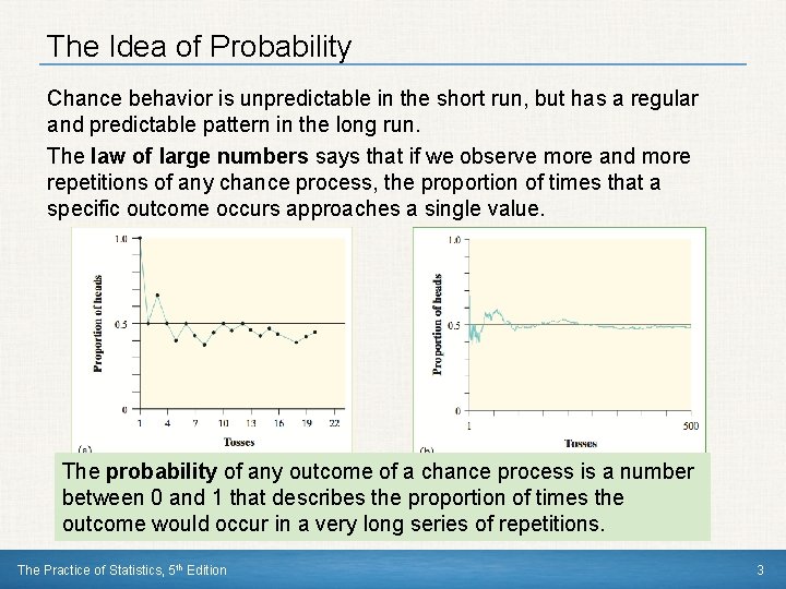 The Idea of Probability Chance behavior is unpredictable in the short run, but has
