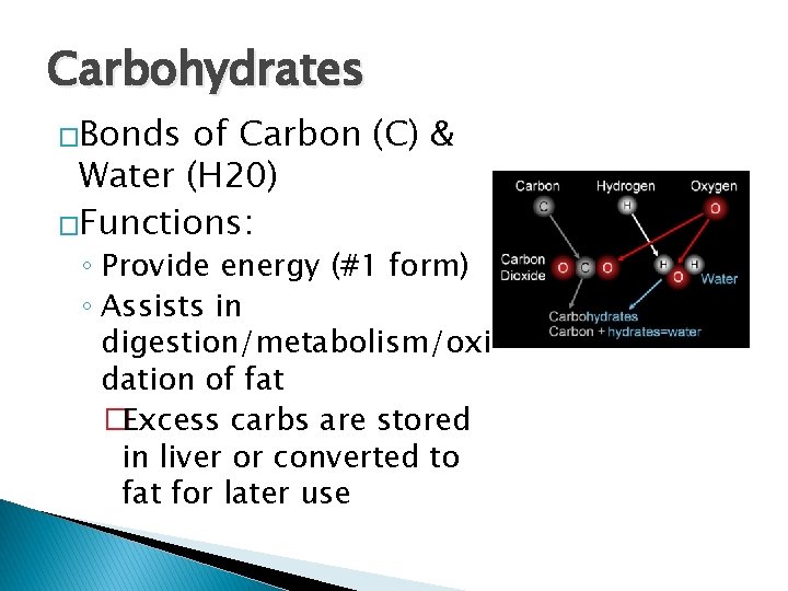 Carbohydrates �Bonds of Carbon (C) & Water (H 20) �Functions: ◦ Provide energy (#1