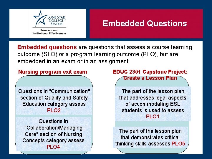 Embedded Questions Embedded questions are questions that assess a course learning outcome (SLO) or