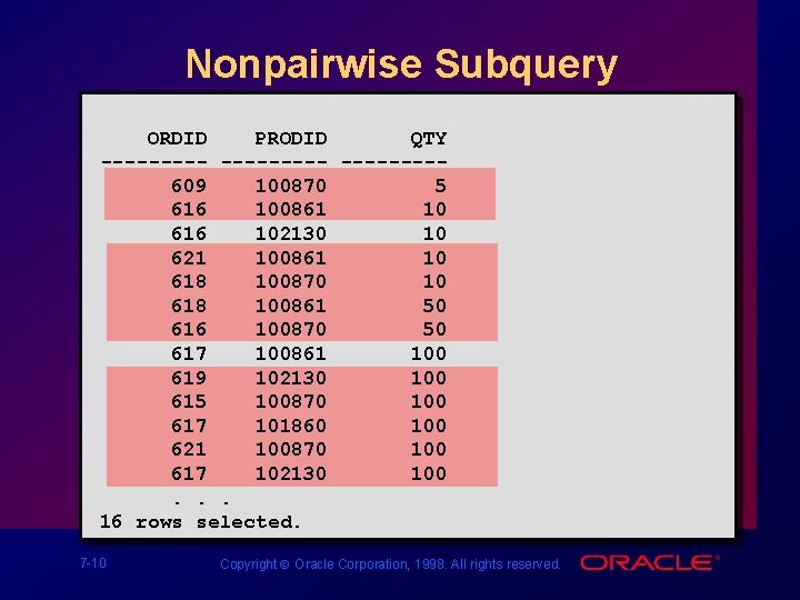 Nonpairwise Subquery ORDID PRODID QTY ---------609 100870 5 616 100861 10 616 102130 10